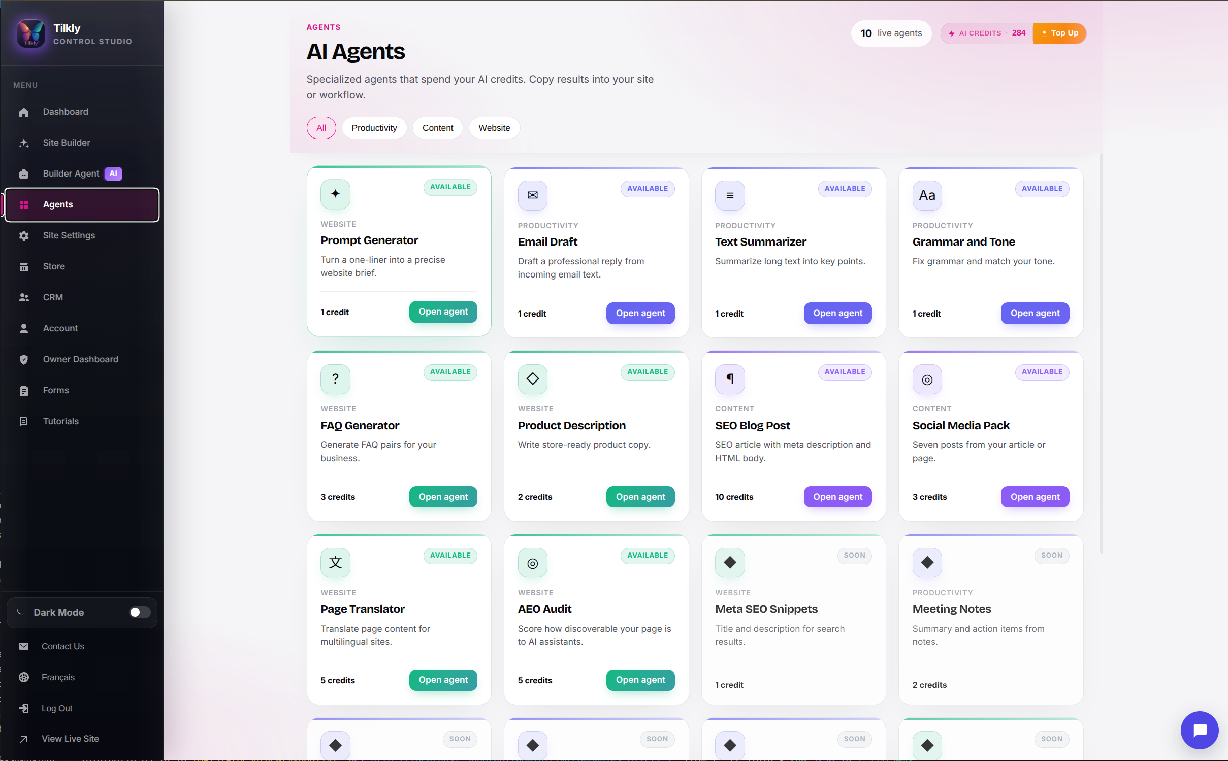 AI Agents catalog with productivity, content, website, translation, and AEO agents