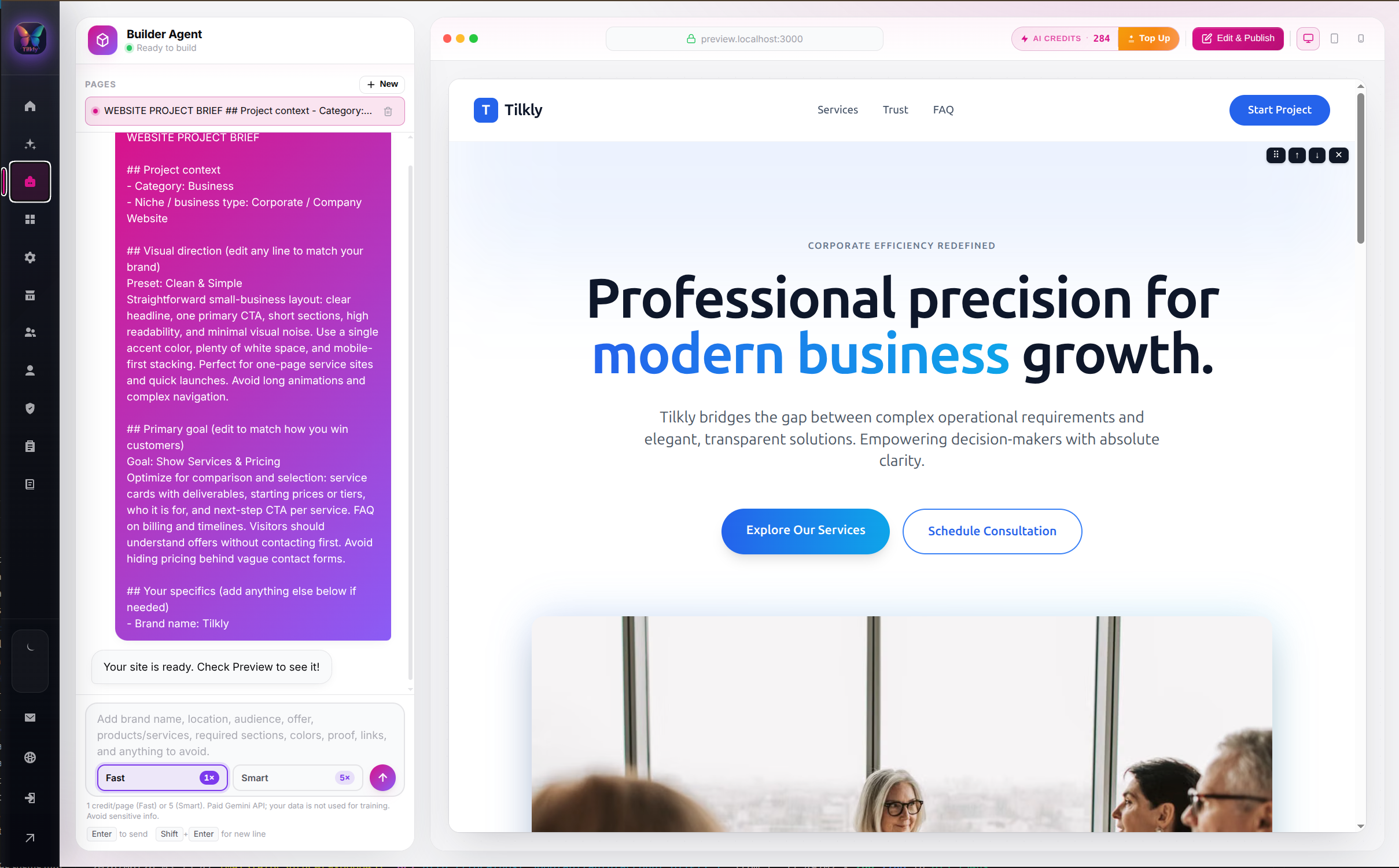Builder Agent workspace generating an editable Tilkly website preview
