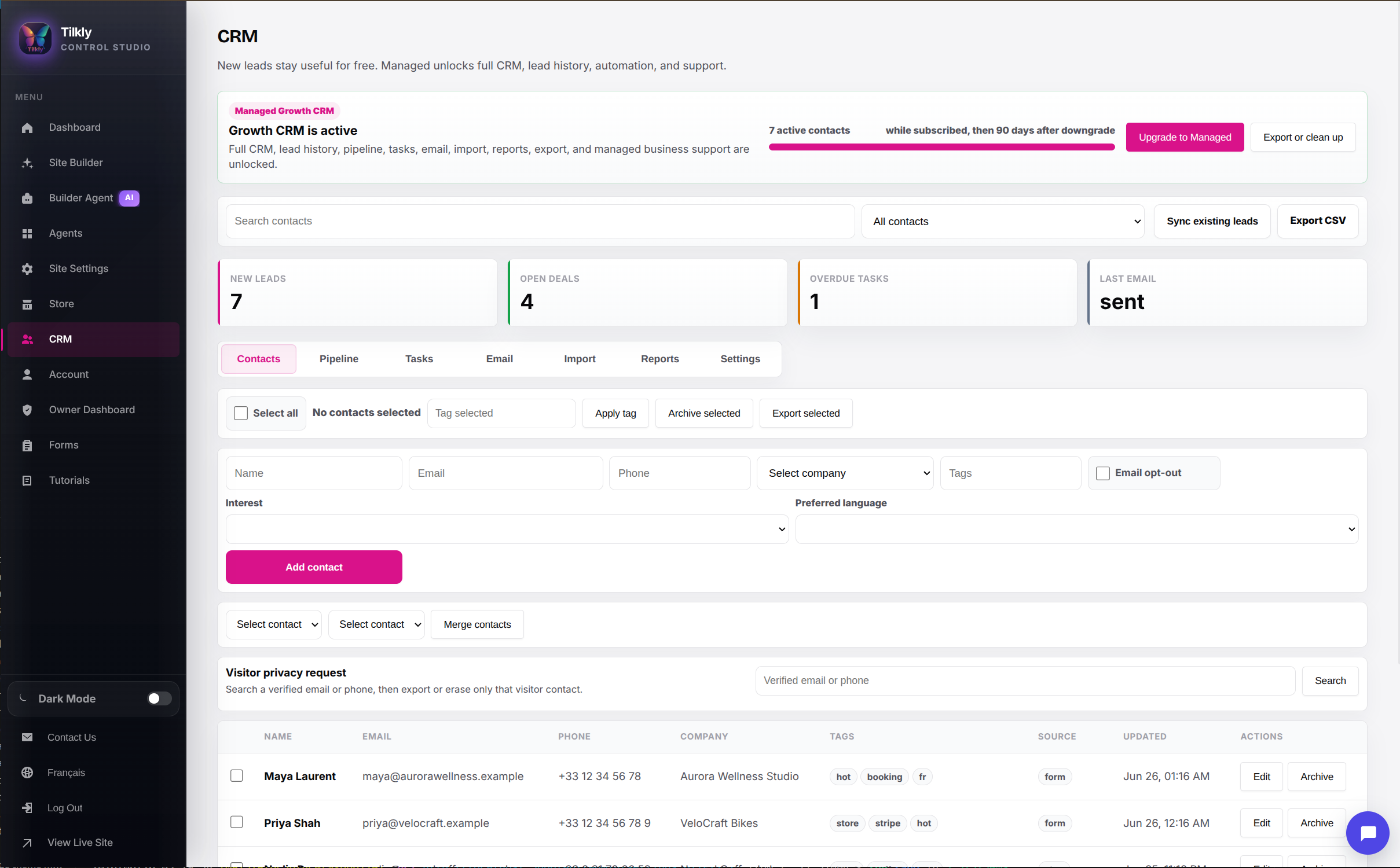 CRM contacts dashboard with seeded leads and customer records