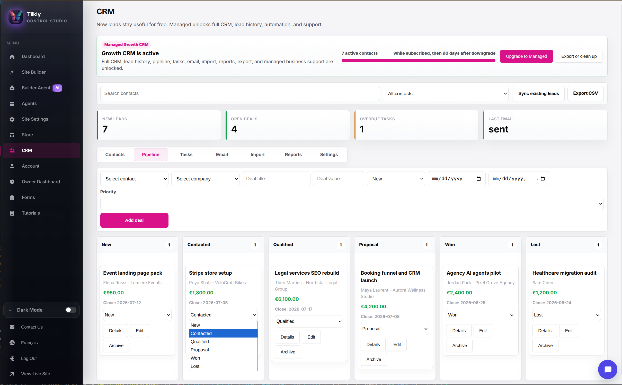 CRM pipeline board showing deals across sales stages