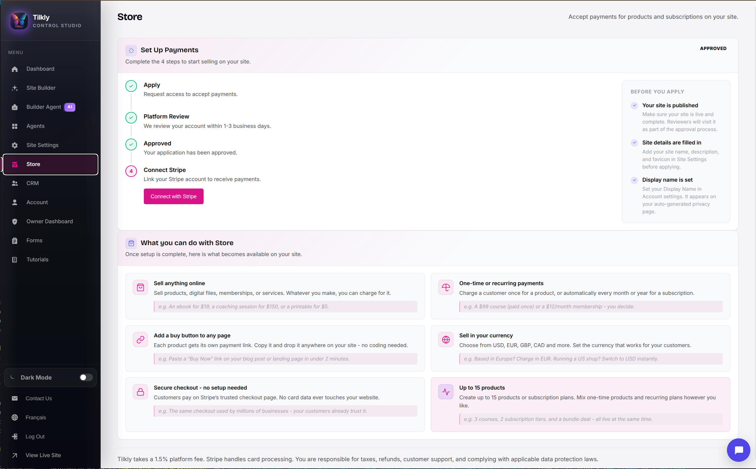 Store setup dashboard for Stripe payments, subscriptions, and products